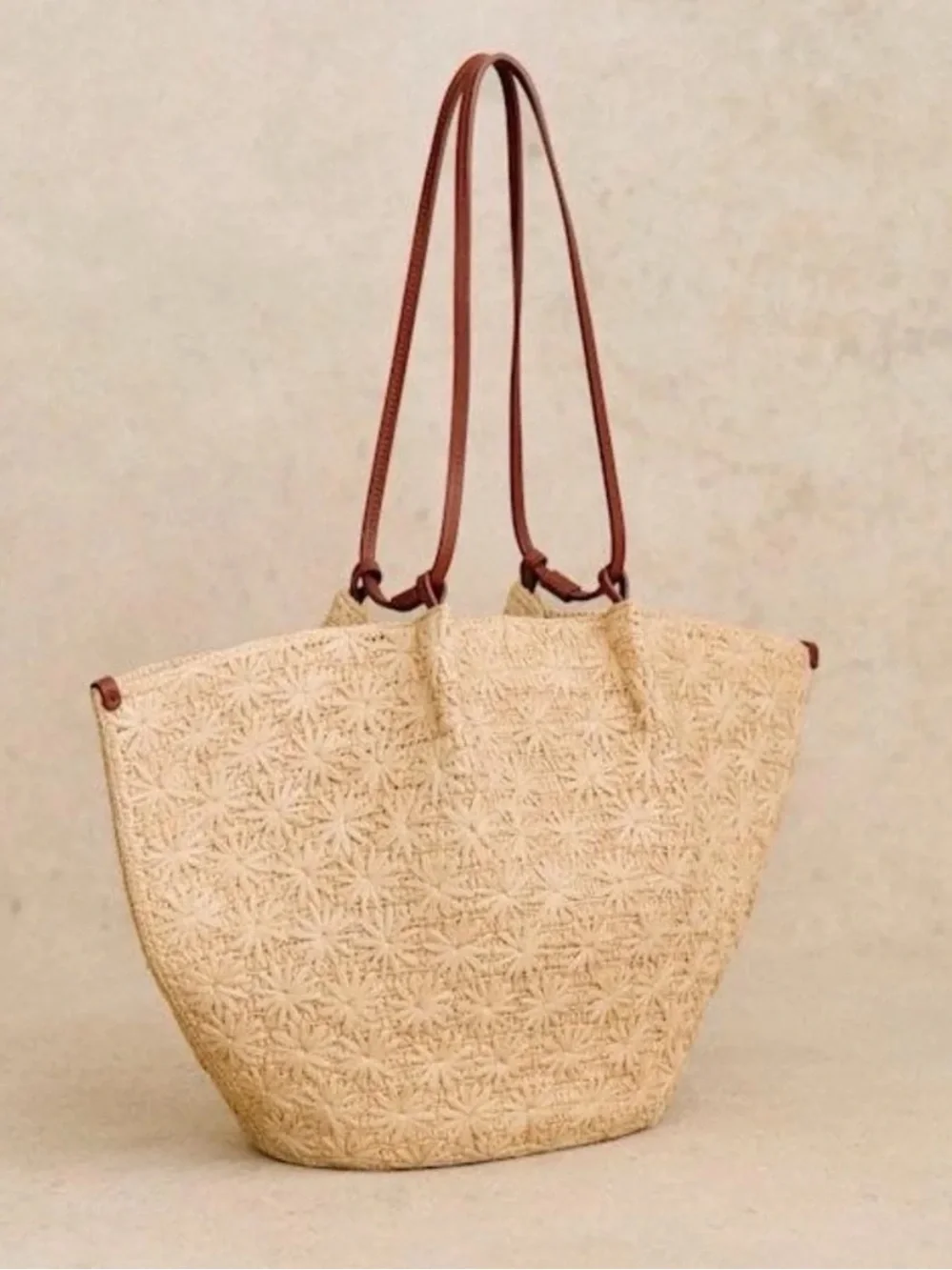 Sezane MARA BASKET in NATURAL RAFFIA EMBROIDERY tote Bag/Brown Leather Handles